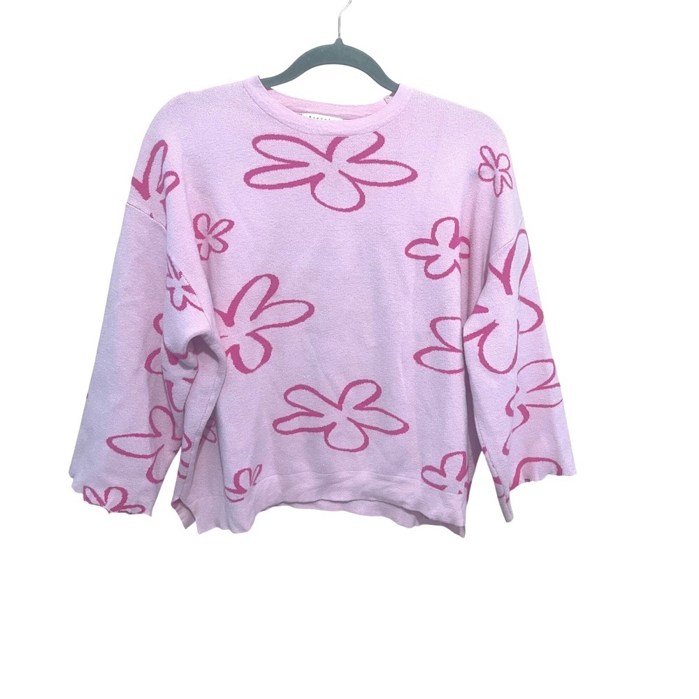 BAEVELY Pink Floral Boxy Fit Oversized Sweater S-Cropped Sleeves| Modified-Artsy